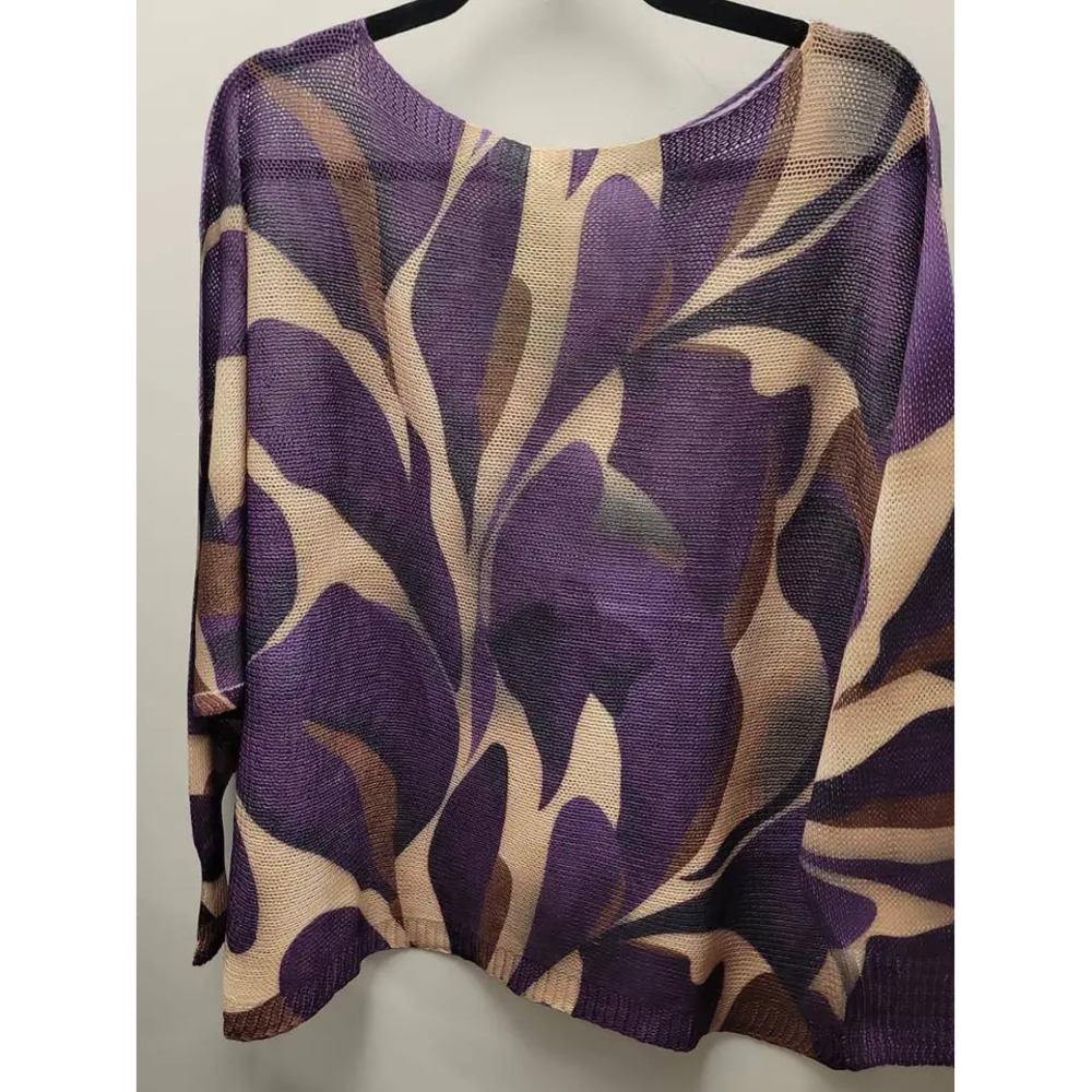 L136 P 3Q Loowie Purple Leaves Round Neck Knit Printed Sweater One Size